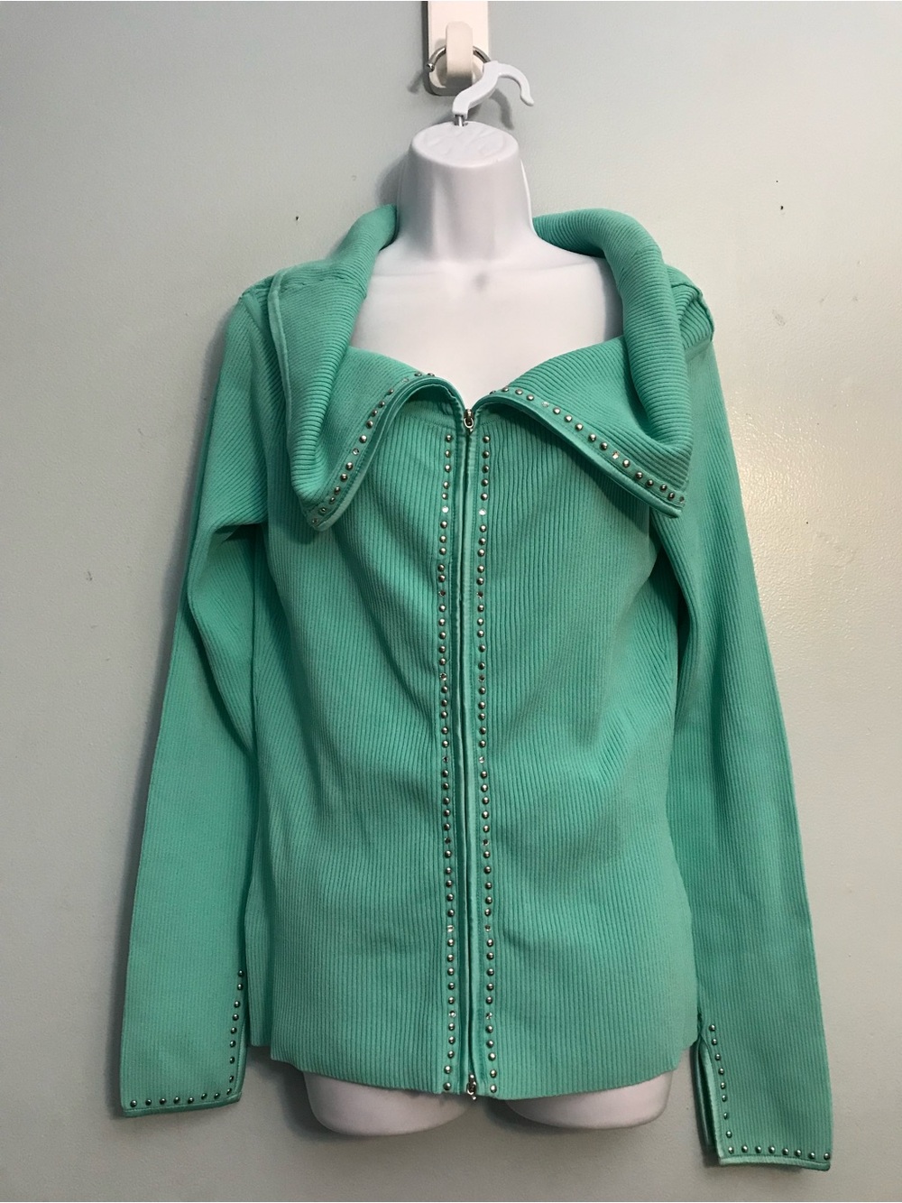 Cache Mint Green Ribbed Zip Jacket with Stud Trim